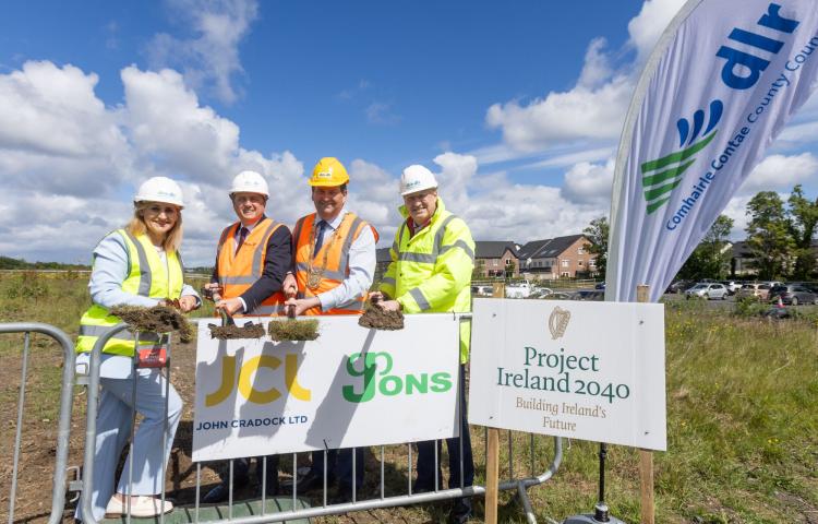 A photograph of the Minisister for Housing, An Cathaoirleach, Chief Executive and dlr staff at the sod turning event.