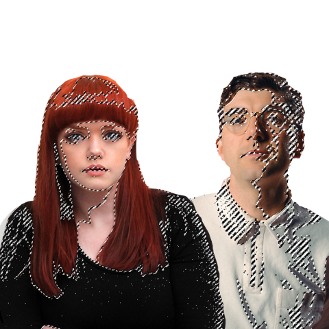 digitally altered photo of a white woman and man. The woman has red shoulder length red hair with a sharp fringe. The man has short dark hair, glasses and is wearing a white polo shirt.