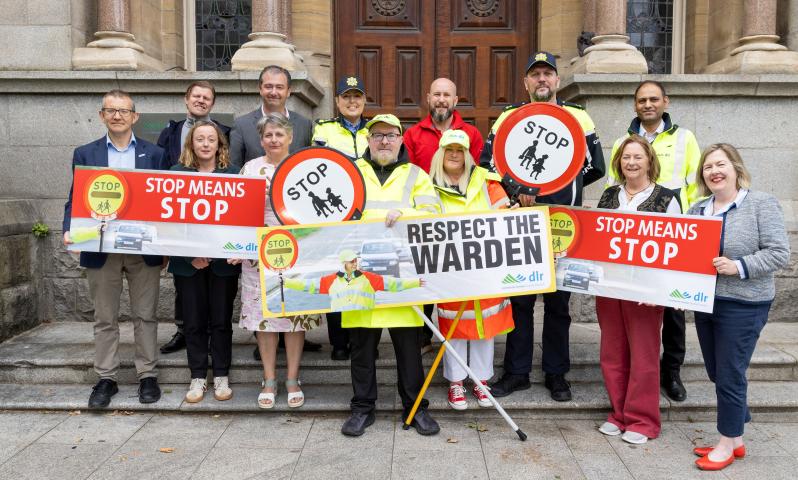 A group photograph outside the County Hall in Dun Laoghaire of councillors, An Gardia Siochana, traffic wardens and dlr staff.