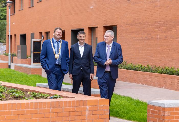 An Cathaoirleach Councillor Barry Saul, Gerard O'Sullivan, Director of Housing &amp; Water Services, Chief Executive, Frank Curran of Dún Laoghaire-Rathdown County Council at St. Laurence's Affordable Homes, Stillorgan 