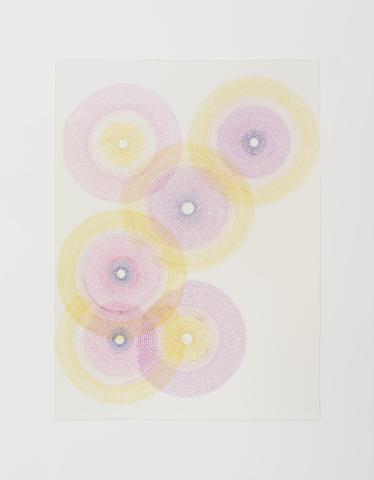 an abstract painting that shows a series of 6 overlapping circular patterns in colours of pink, purple and yellow