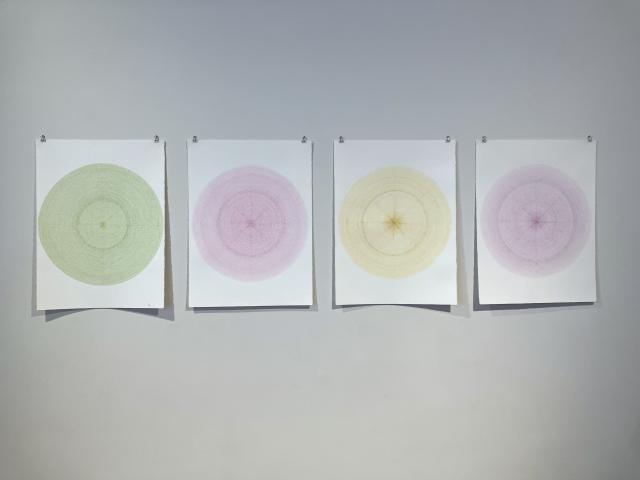 four pieces of paper are pinned in a row on a white wall. On each paper there is a coloured circle. They are green, pink, yellow and pink again
