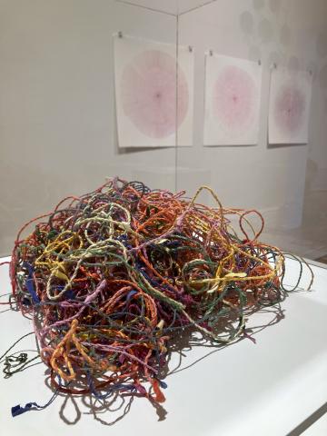 up close the camera is a pile of coloured rope or thread. behind are three pieces of paper pinned to the wall with pink circles on them