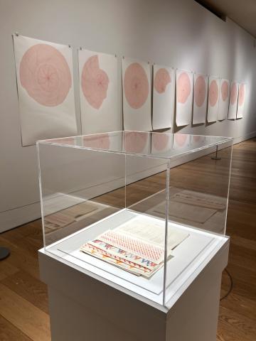 A row of large pieces of paper with pink circles on them are on a white wall. Close to the camera is a perspex plinth with a book of sketches displayed inside.