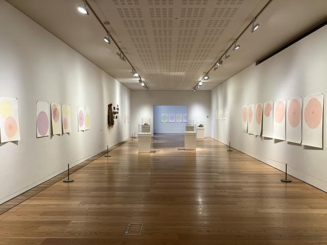 A long gallery room with a wooden floor and white walls. large pieces of paper are hung on the wall either side.