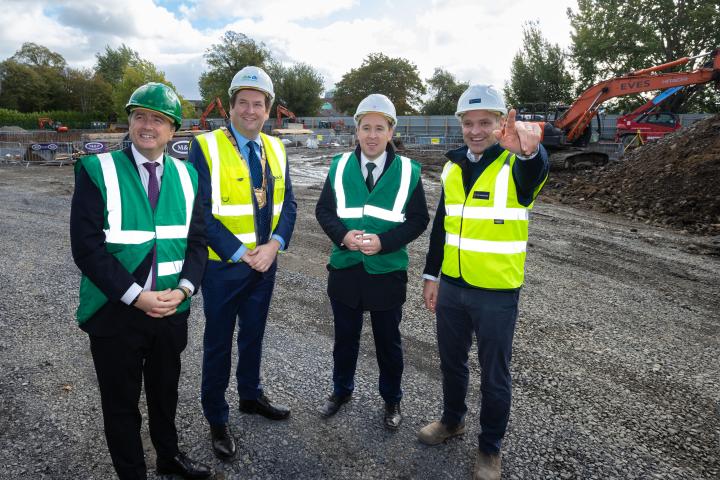 ames Browne T.D., Minister for Housing, Local Government and Heritage, Barry Saul, Cathaoirleach, DLR, John Cummins T.D., Minister of State, Conor Rhatigan, Managing Director, Winterbrook Ltd taling in hard hats