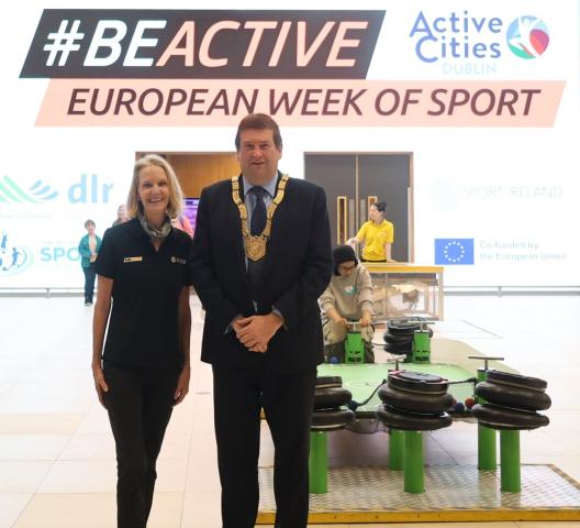 Sport Ireland Director of Participation, Ethics &amp; Research Mary Van Lieshout, Cllr Barry Saul, Cathaoirleach of Dún Laoghaire-Rathdown County Council. 
