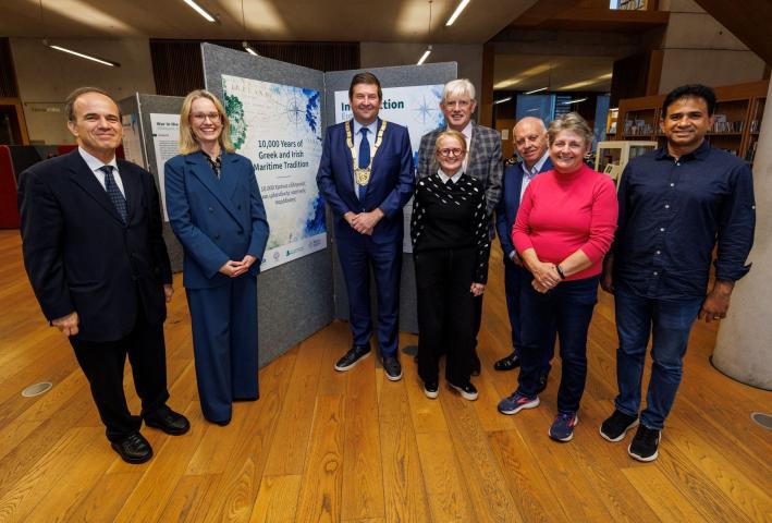 Mr Georgius Stilianopoulos, Ambassador of Greece to Ireland, Ms Ciara O'Floinn, Ambassador of Ireland to Greece, Cllr Barry Saul, An Cathaoirleach of Dún Laoghaire-Rathdown County Council, Cllr JP Durkan, Cllr Jacqueline Burke, Cllr Tom Kivlehan, Cllr Marie Baker, Cllr Thomas Joseph infront of exhibtion space