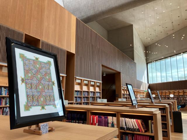 photo of framed illustrations on top of shoulder height bookshelves in dlr lexicon library