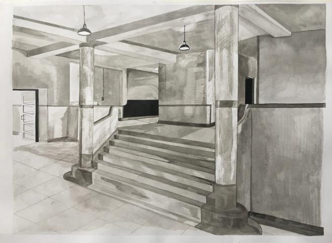 A drawing of a stairway in an official building