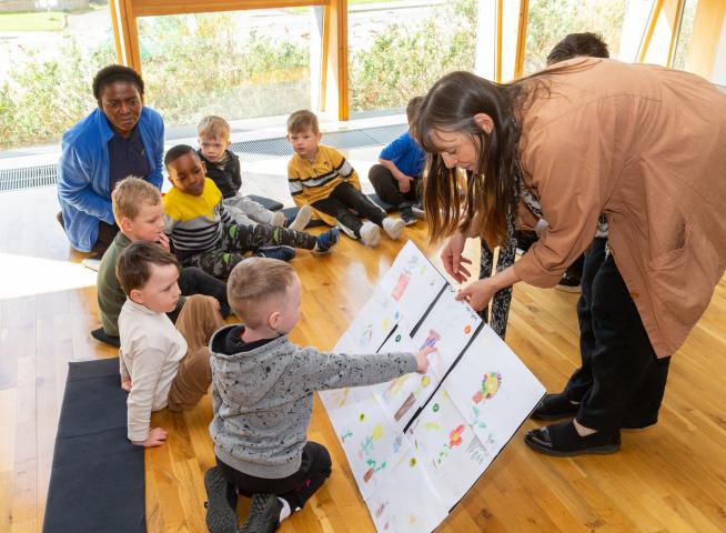 Joanna Parkes with early years educator Rachel and children from Ballyogan Community Childcare Image of artist Joanna Parkes with children from Ballyogan Community Childcare