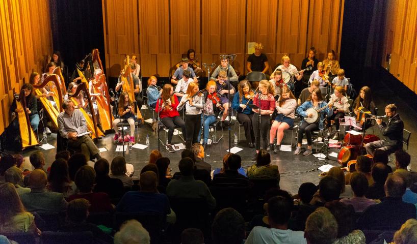 photo of all the musicians on stage for the Dinnseanchas concert