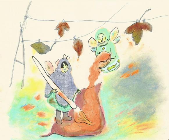 Illustration by Duffy Shepard-Mooney inspired by the ideas from the children attending the Ballyogan Community Childcare Service Illustration of Wood Elves painting autumnal leaves