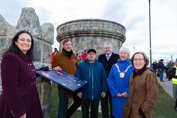 Catherine Martin T.D., Frank Curran, Chief Executive of Dún Laoghaire-Rathdown County Council, Project artists Pekka Niittyvirta and Timo Aho in front of the tower installation