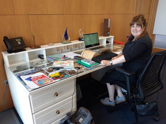 Sadhbh Devlin at Jennifer Johnstons desk Sadhbh Devlin at Jennifer Johnstons desk