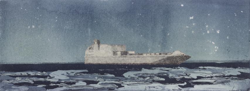 Night Ferry by Linda Uhlemann, part of the dlr County Collection Image of a ferry by artist Linda Uhlemann